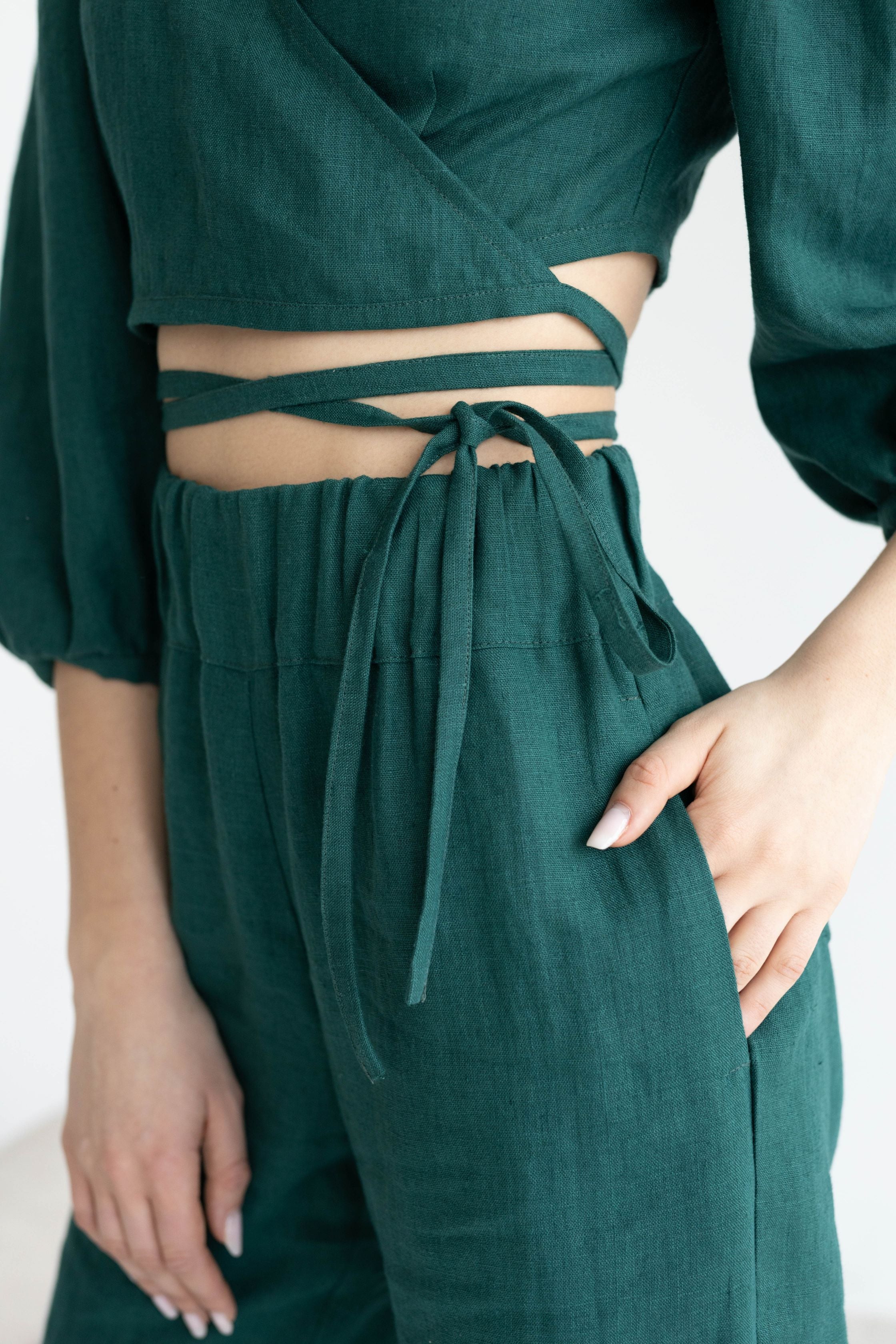 Emerald Linen Blouse With Puff Sleeves