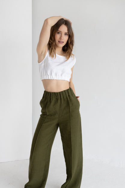 green linen pants with crease