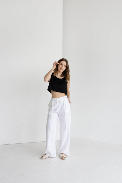 white linen trousers with crease