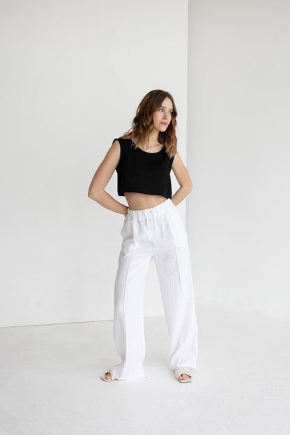 white linen trousers with crease