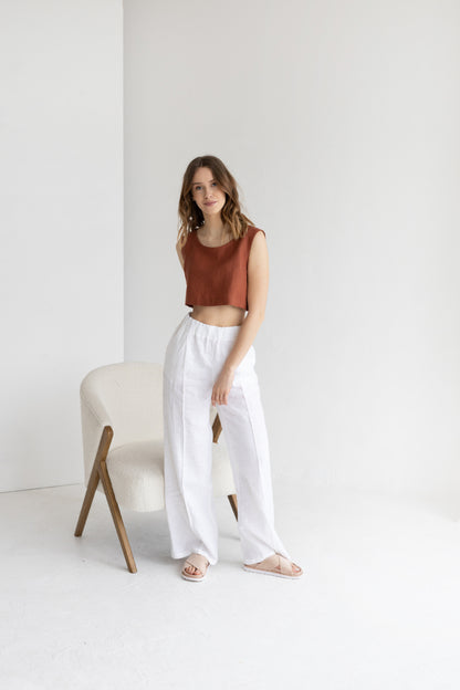 white linen trousers with crease