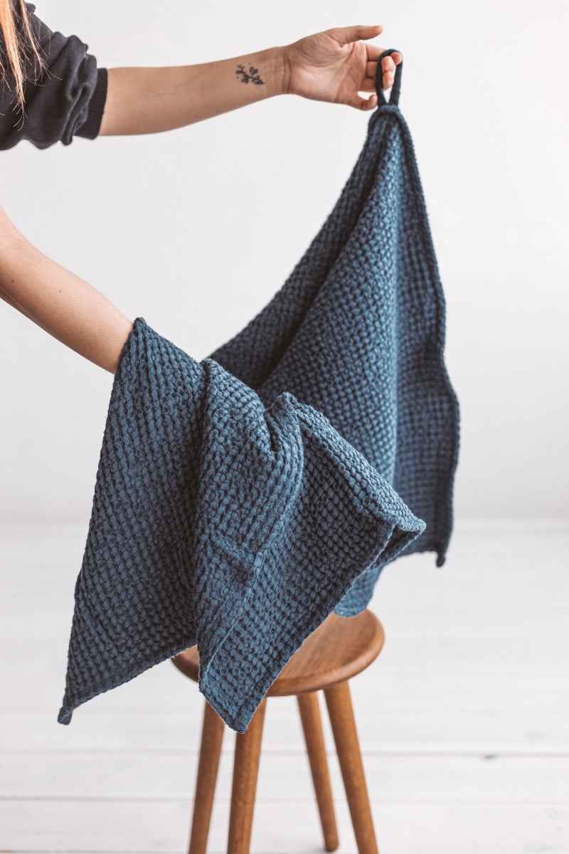 teal linen waffle towel