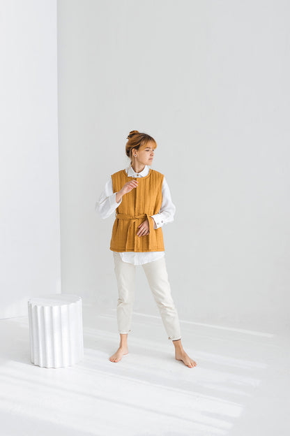 Quilted Linen Vest With Wool Filling