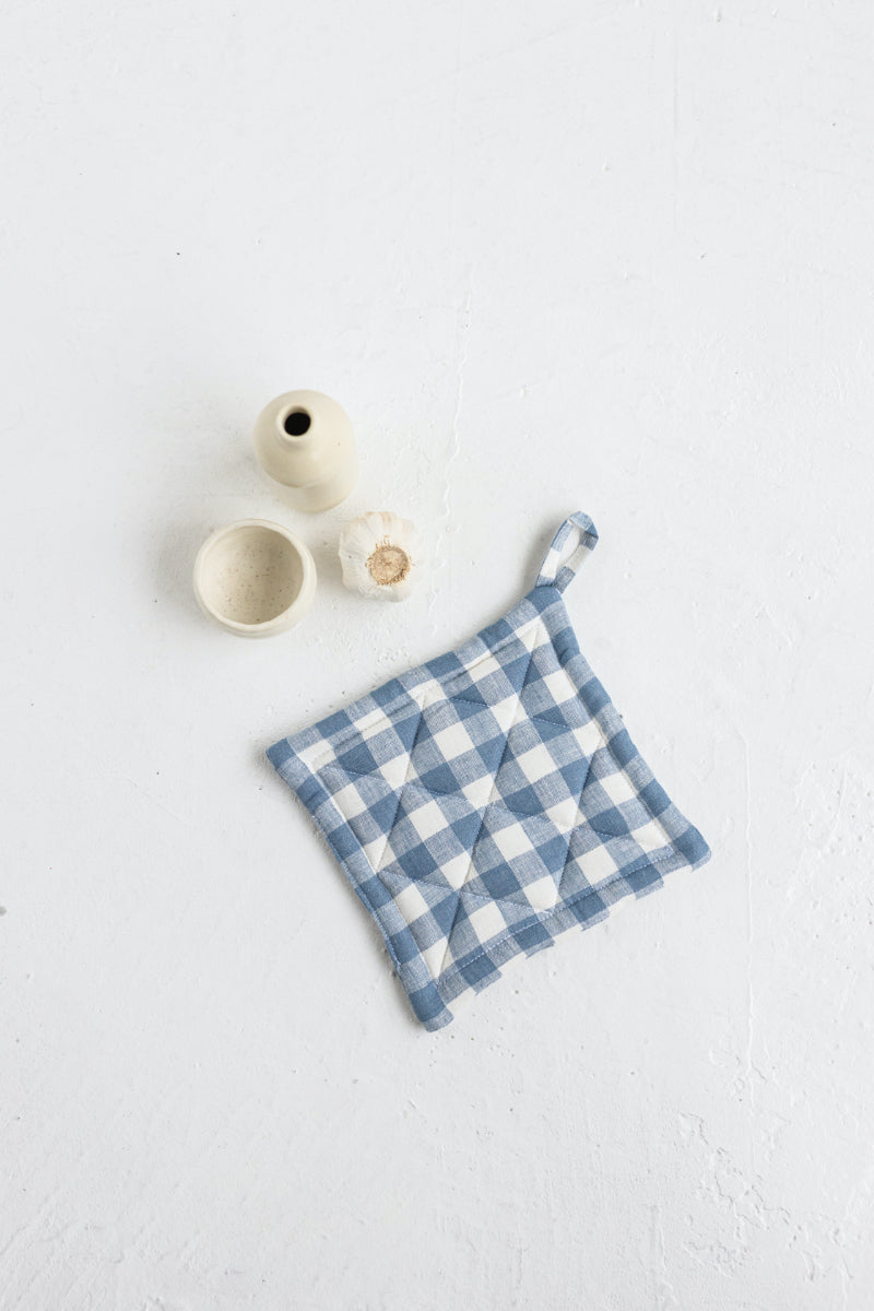 blue gingham linen oven mitt and linen pot holder