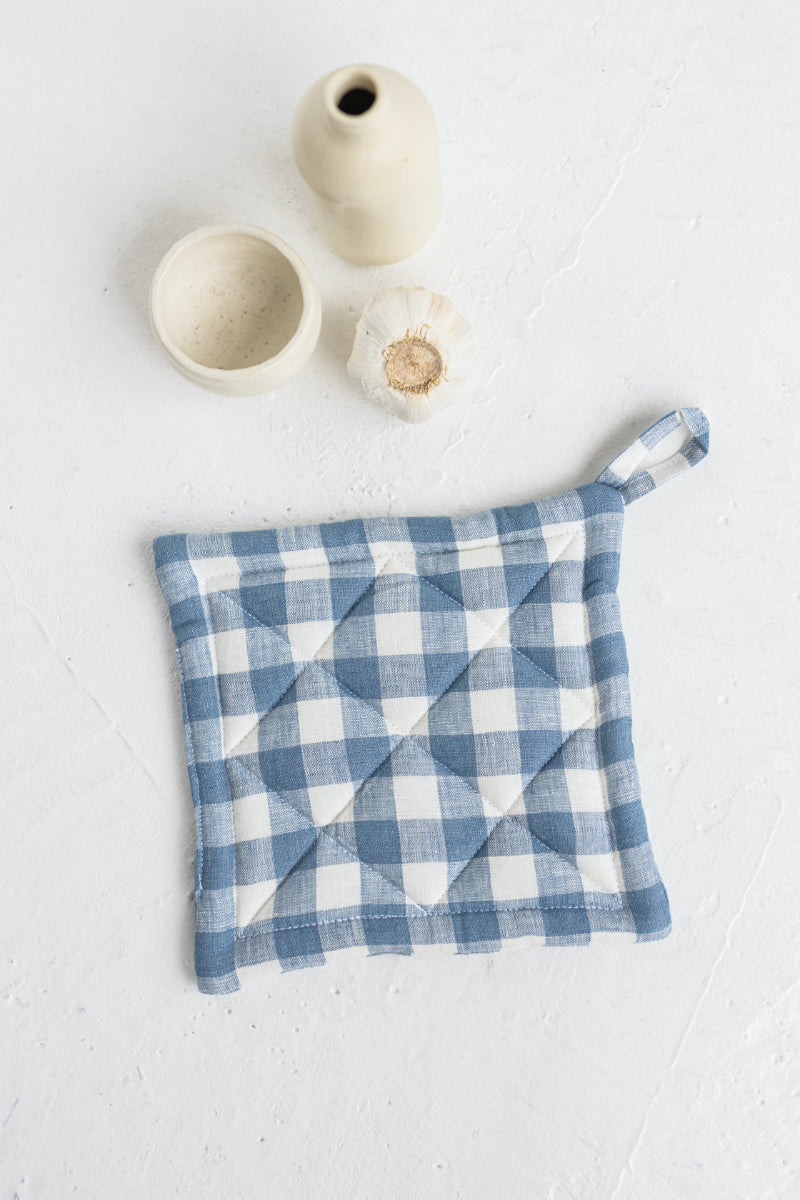 blue gingham linen oven mitt and linen pot holder