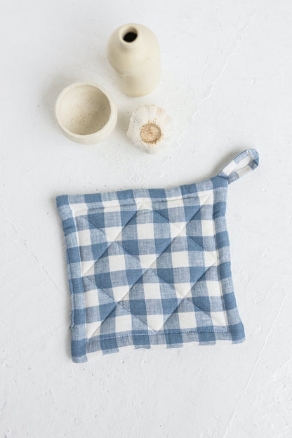 blue gingham linen oven mitt and linen pot holder