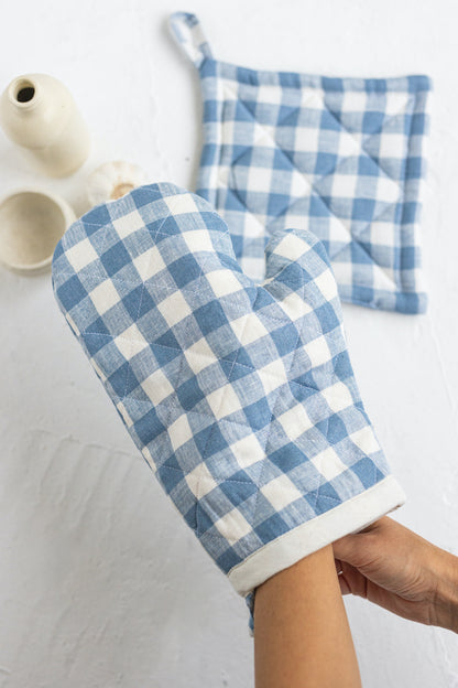blue gingham linen oven mitt and linen pot holder