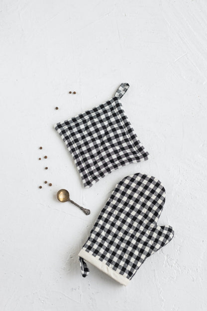 black gingham linen oven mitt and linen pot holder