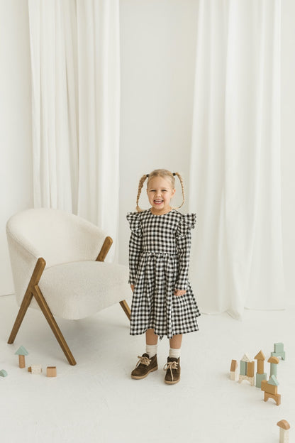 black gingham linen girls dress