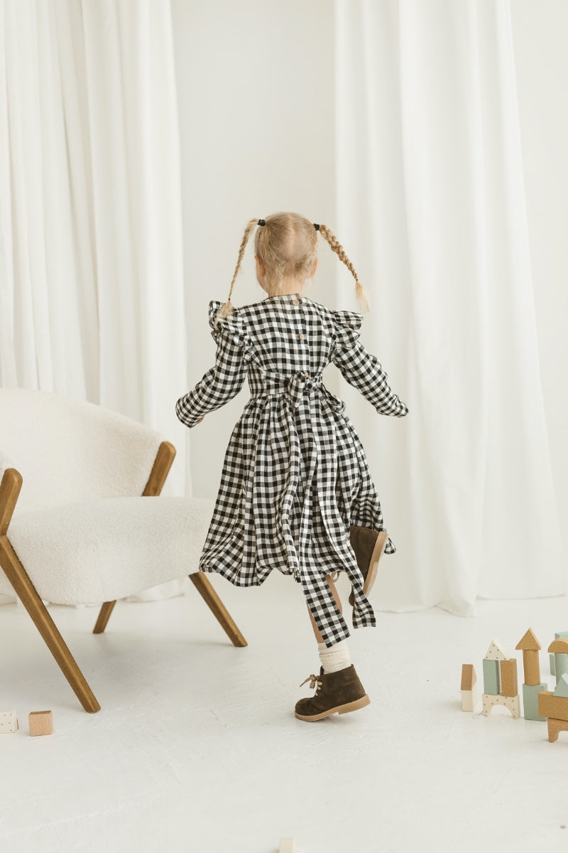 black gingham linen girls dress