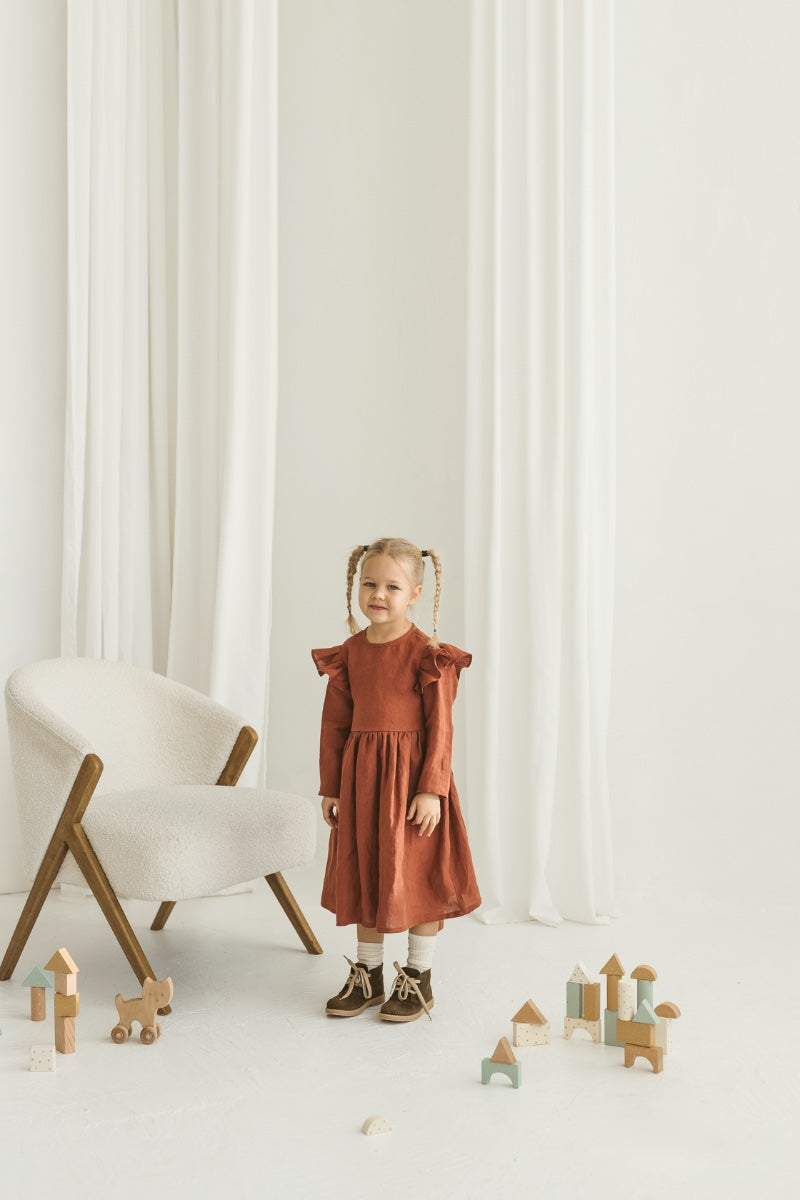 Rusty linen girls dress with ruffles for Christmas