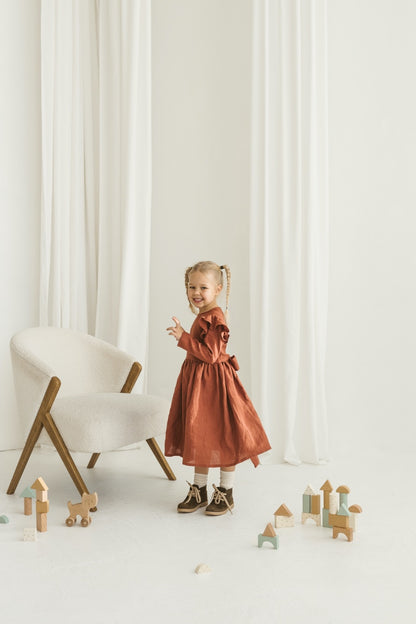 Rusty linen girls dress with ruffles for Christmas