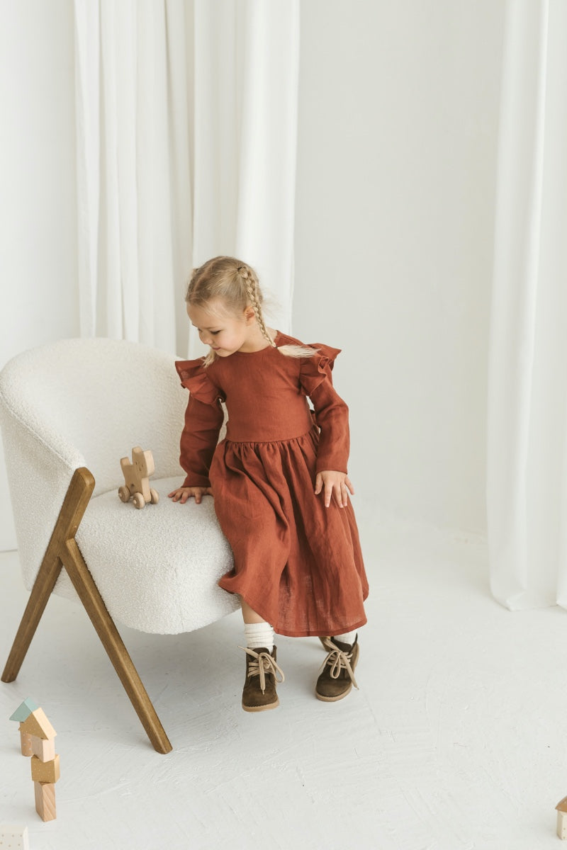 Rusty linen girls dress with ruffles for Christmas