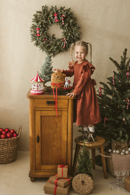 Rusty linen girls dress with ruffles for Christmas