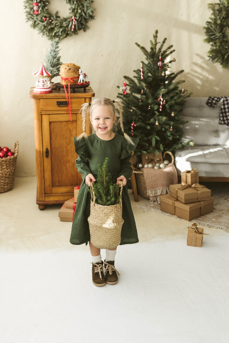 Dark green linen girls dress with ruffles for Christmas
