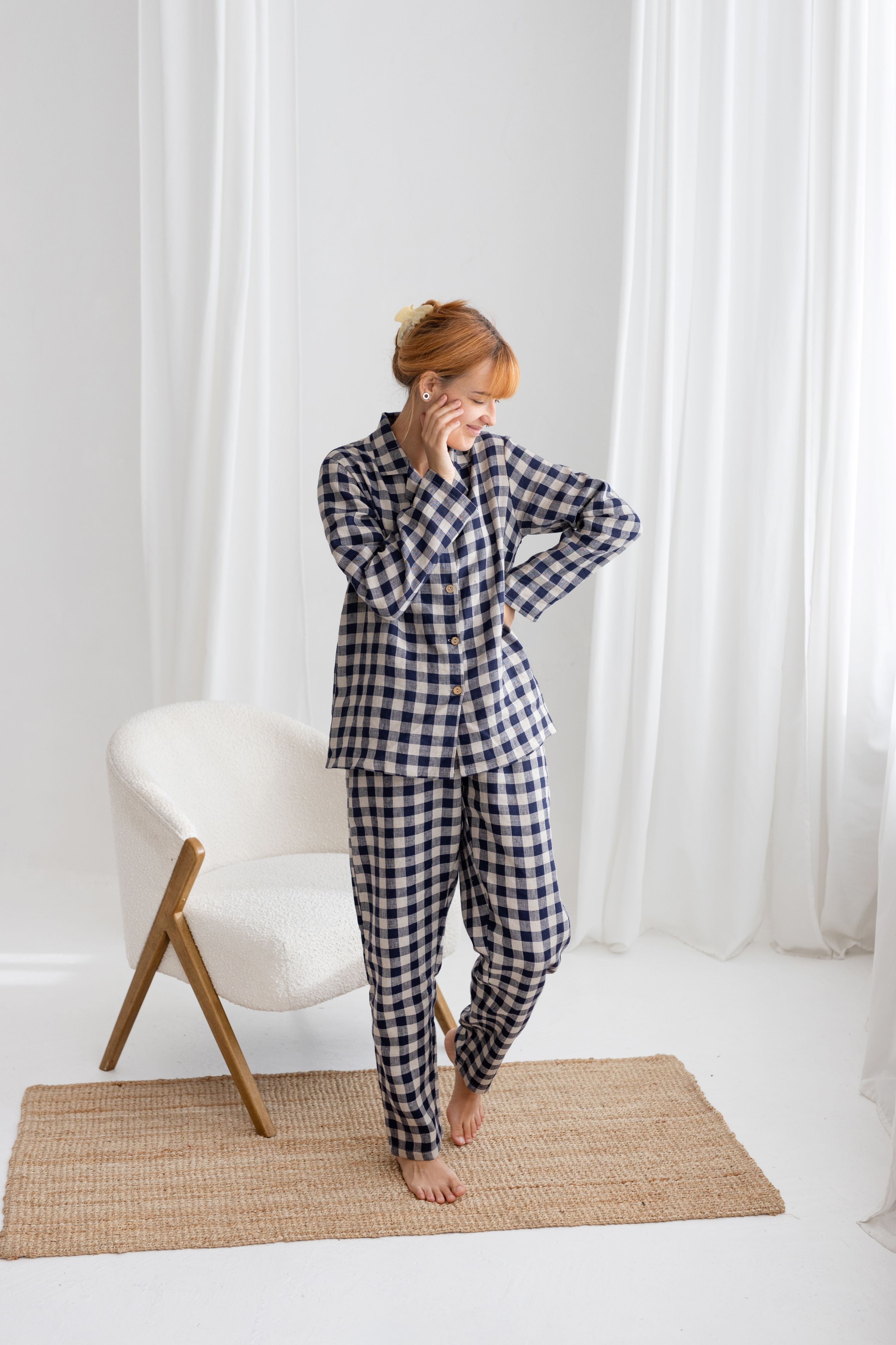 Deep Blue Gingham Linen Pajama Set For Couple