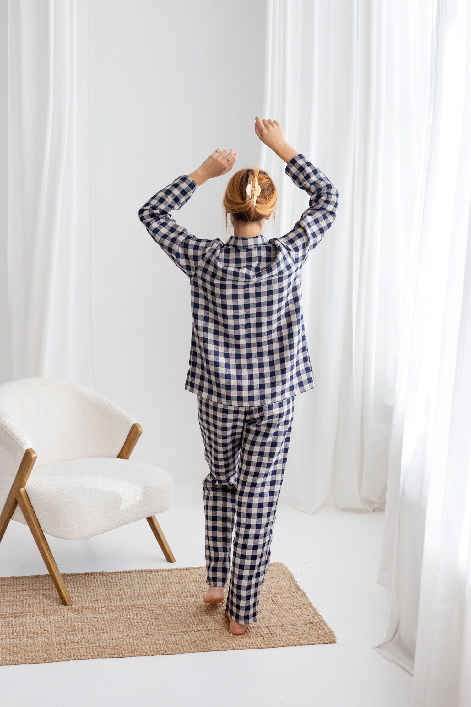 Deep Blue Gingham linen pajama set