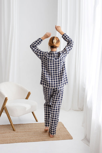 Deep Blue Gingham linen pajama set