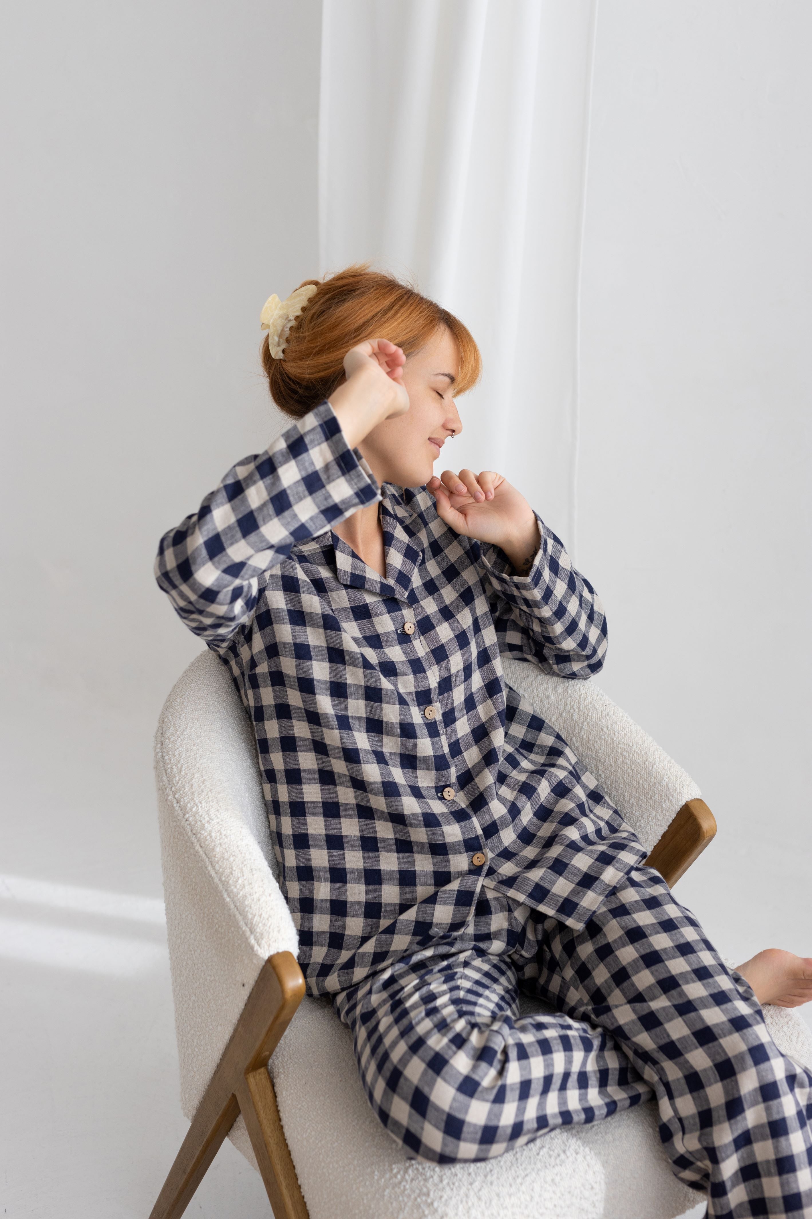 Deep Blue Gingham linen pajama set