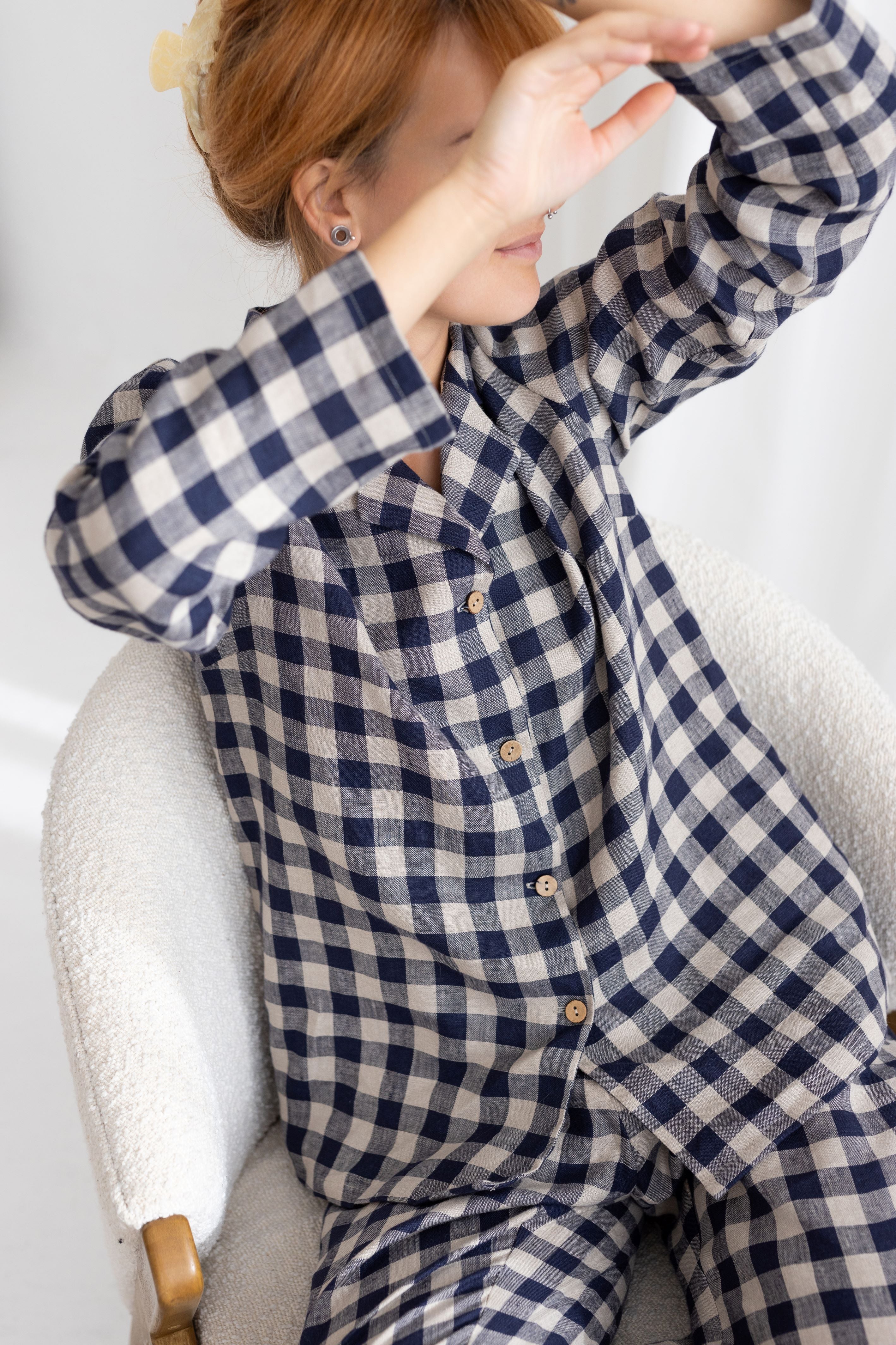 Deep Blue Gingham linen pajama set