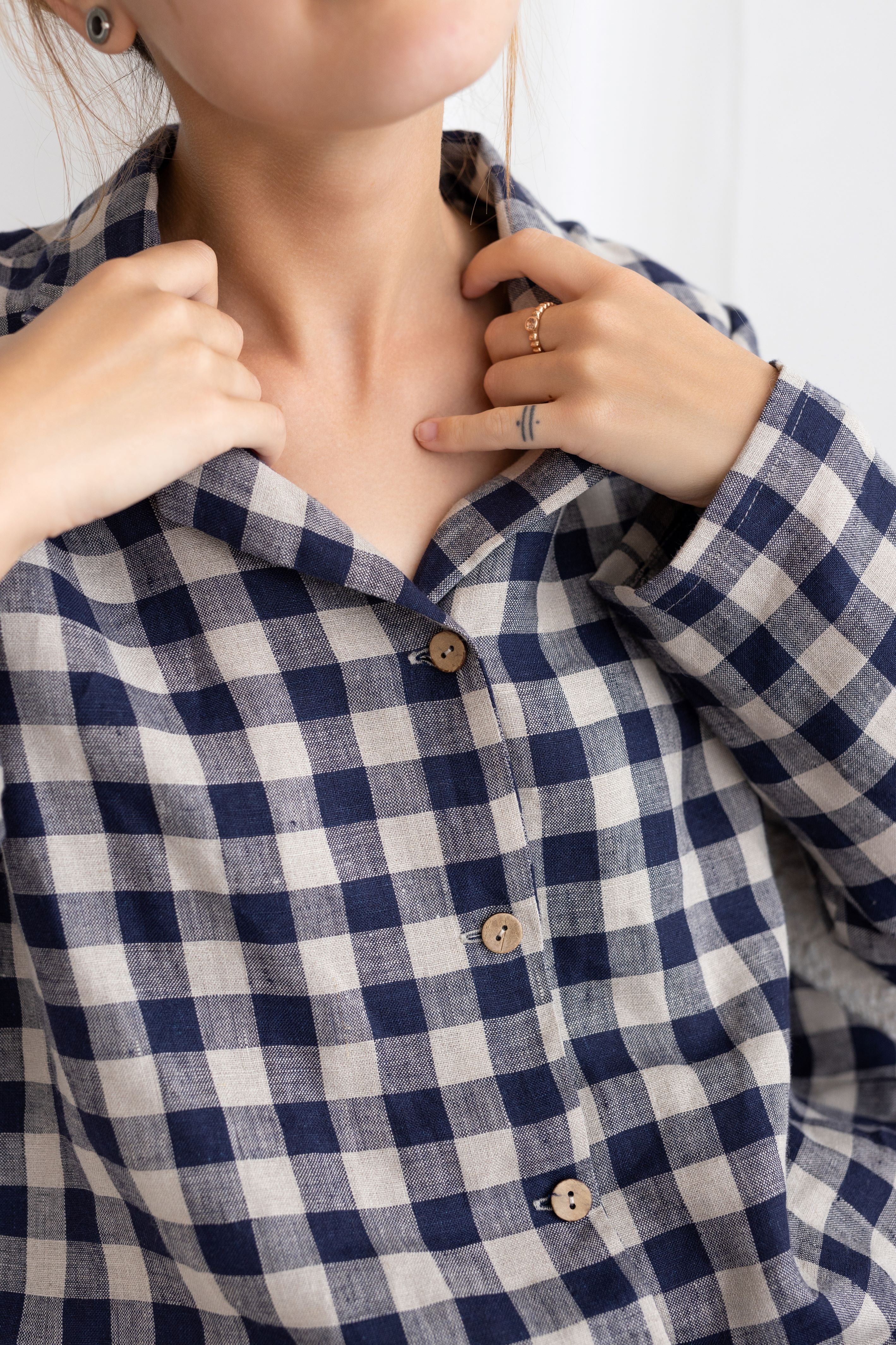 Deep Blue Gingham linen pajama set