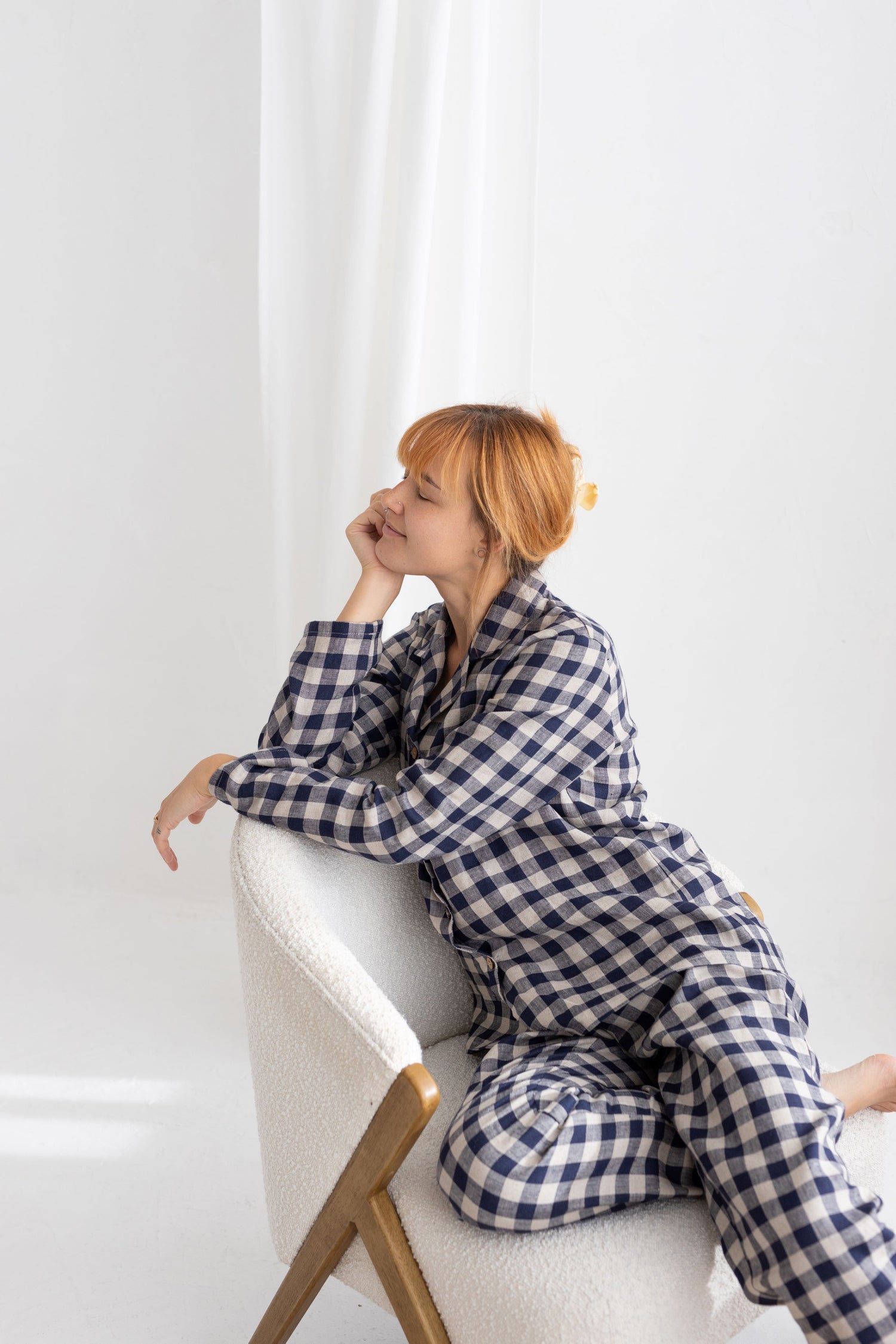 Deep Blue Gingham linen pajama set