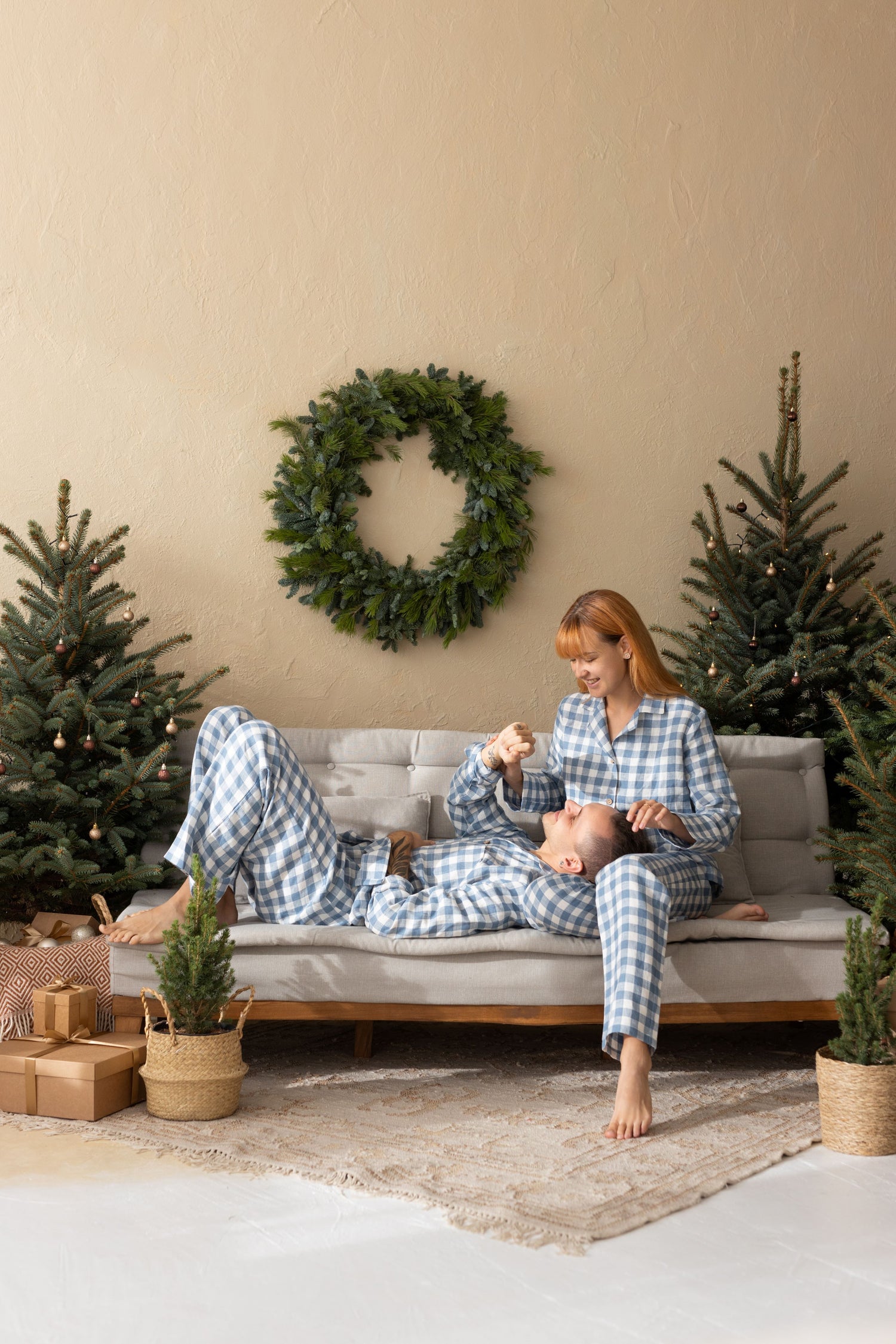 Light Blue Gingham Linen Pajama Set For Couple