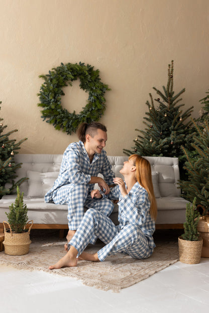 Light Blue Gingham Linen Pajama Set For Couple