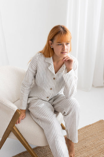 Milky White Pinstripe linen pajama set