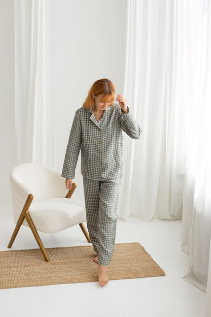 Gray Green Gingham linen pajama set