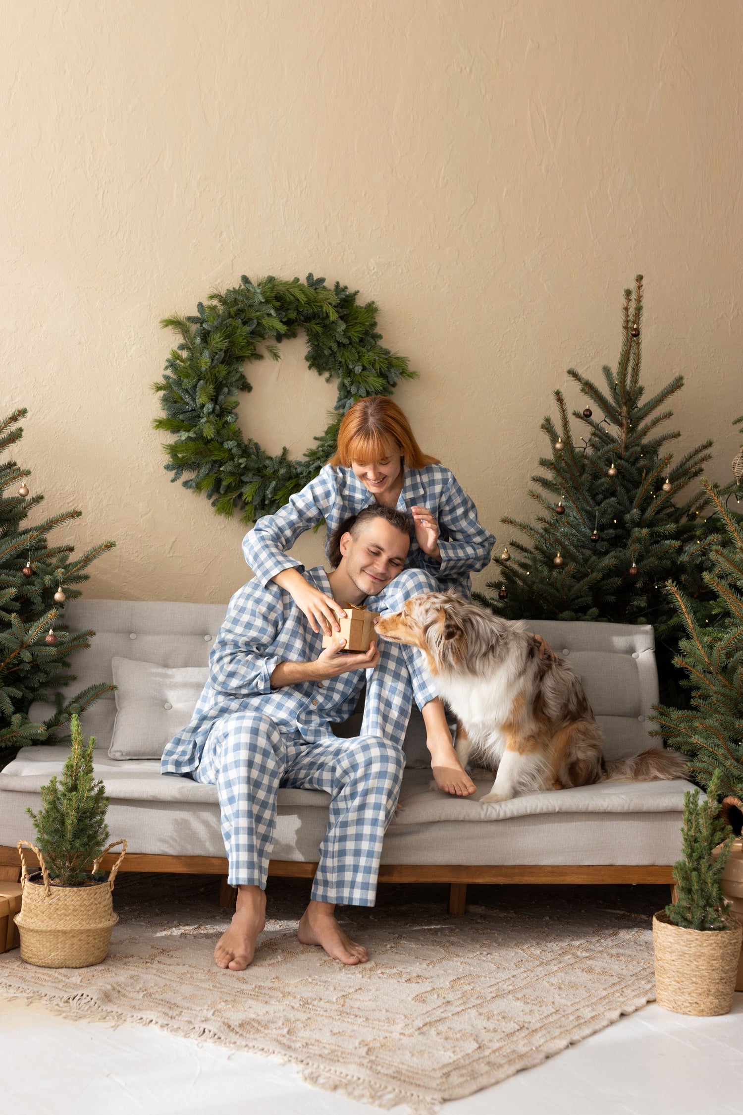 Light Blue Gingham Linen Pajama Set For Couple