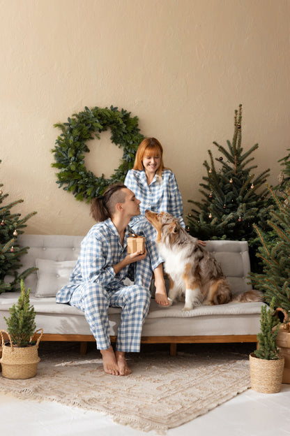 Light Blue Gingham Linen Pajama Set For Couple