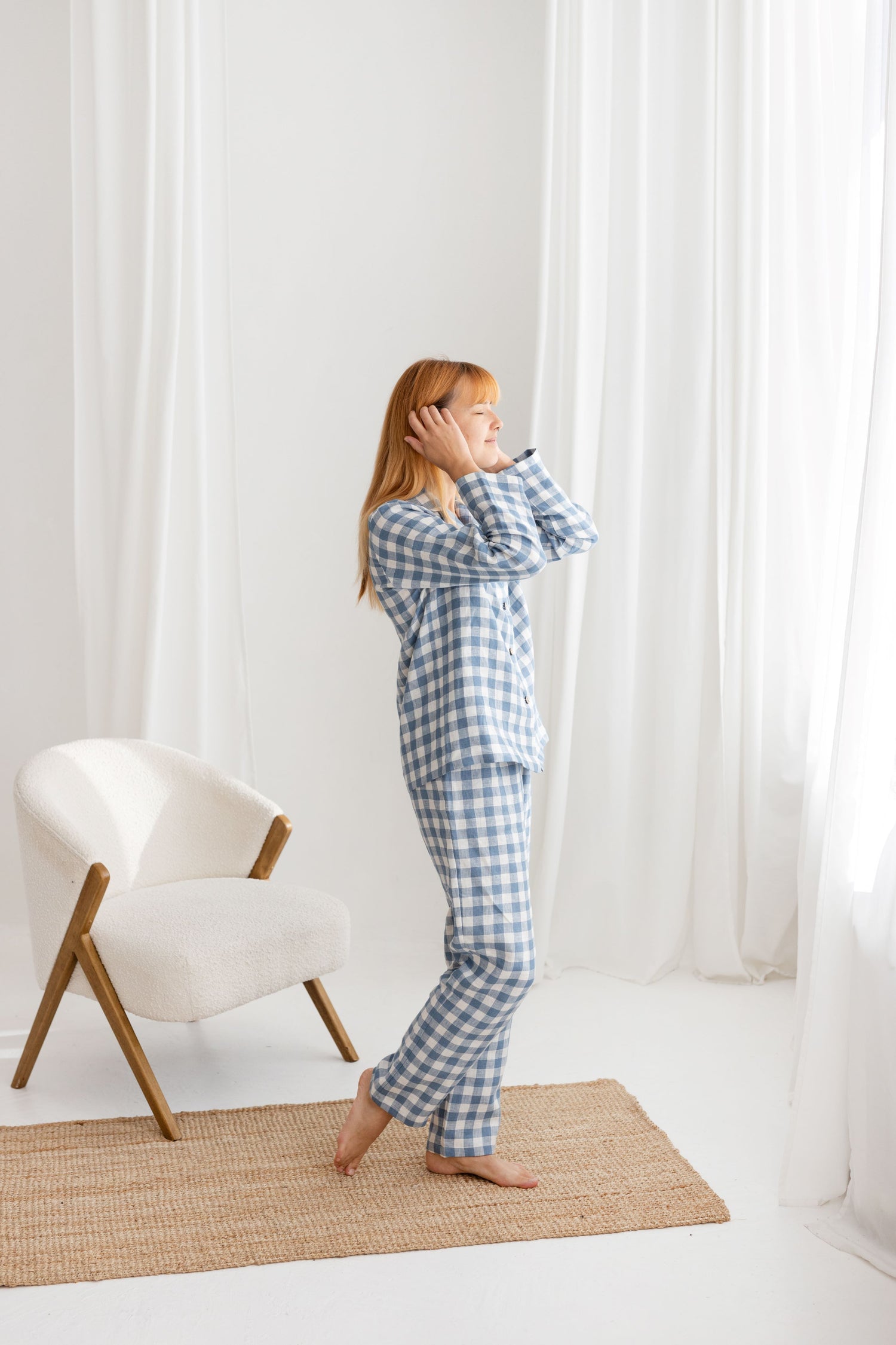 Light Blue Gingham Linen Pajama Set For Couple