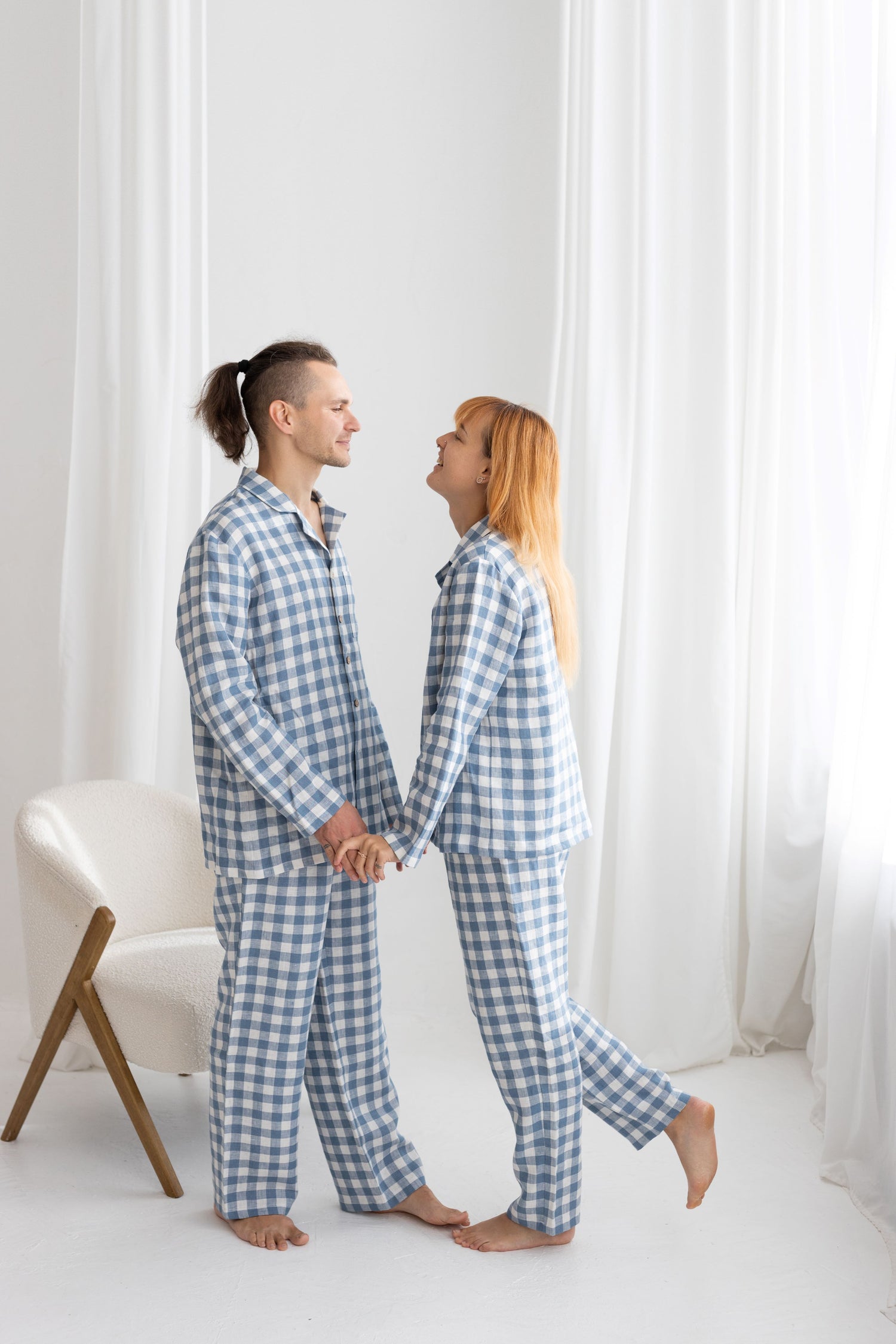 Light Blue Gingham Linen Pajama Set For Couple