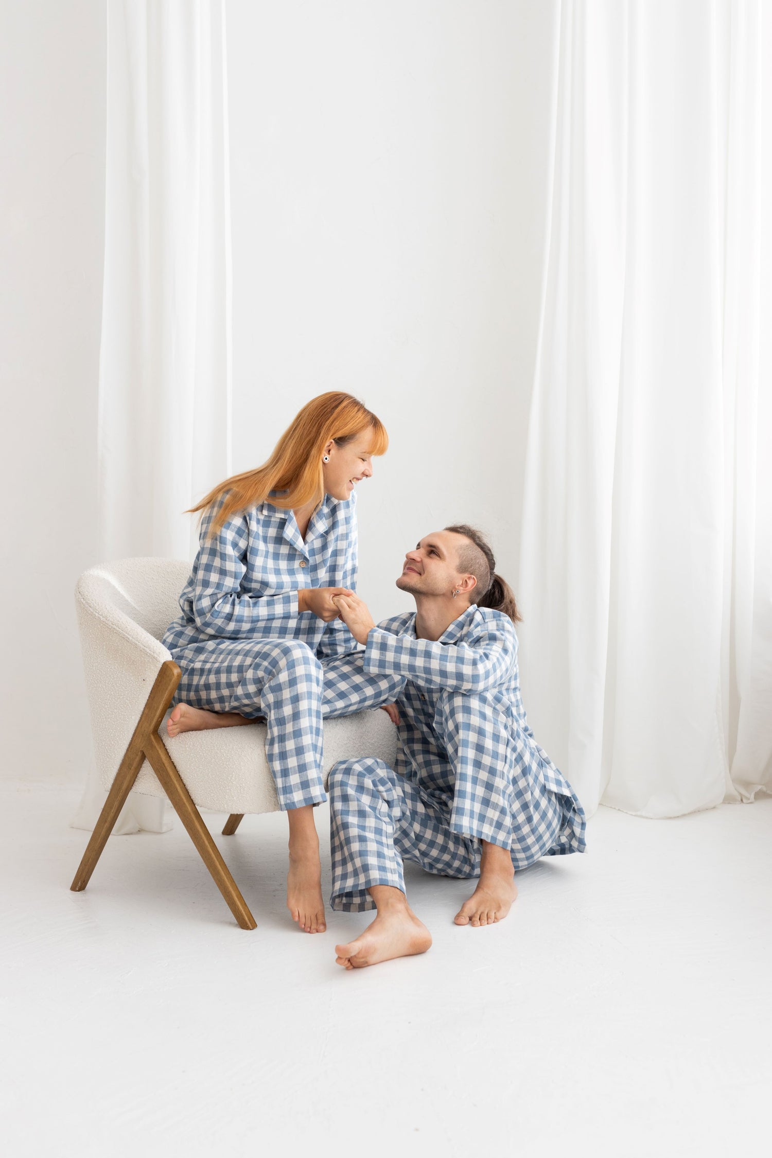 Light Blue Gingham Linen Pajama For Men