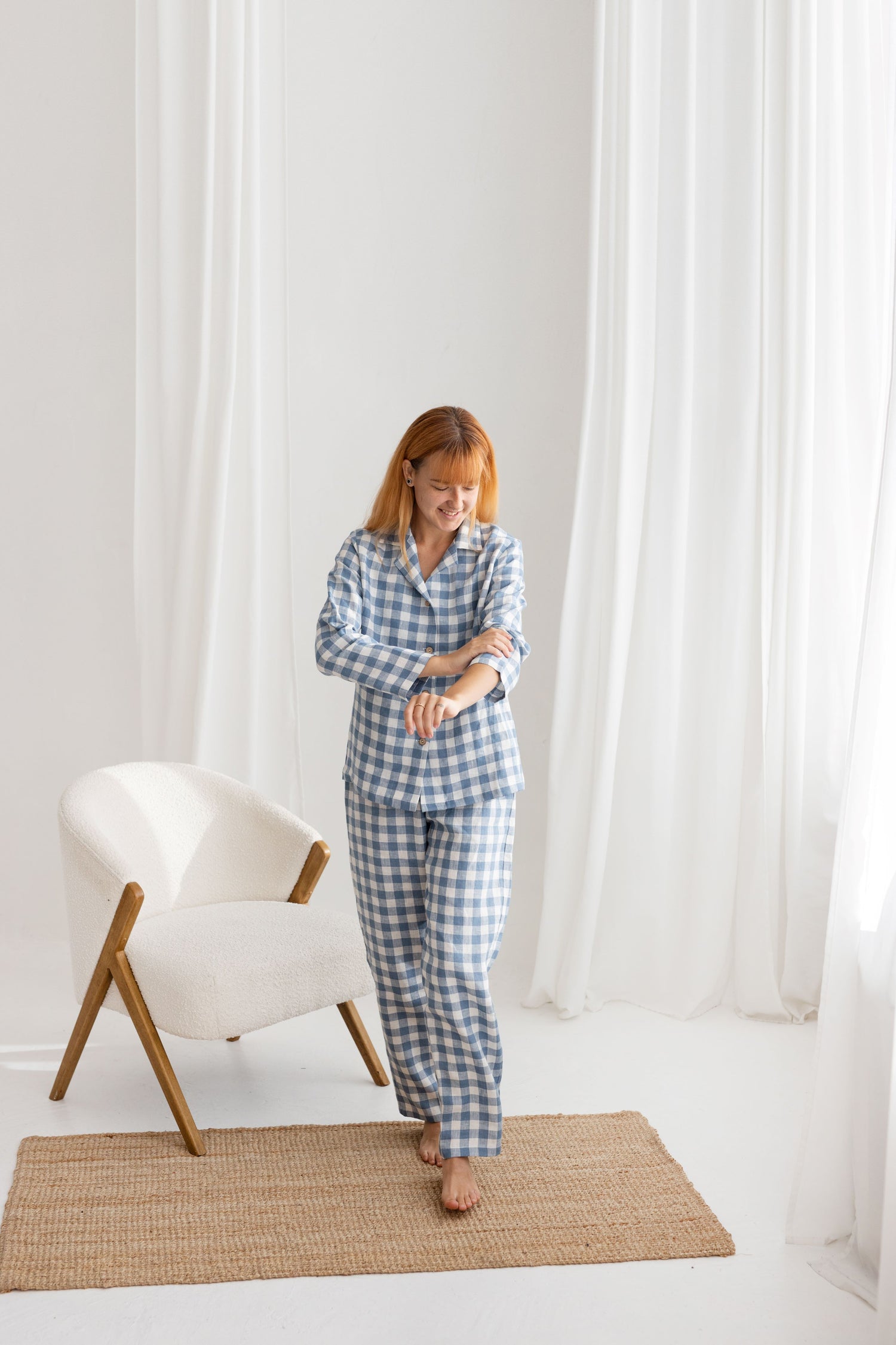Light Blue Gingham Linen Pajama Set For Couple