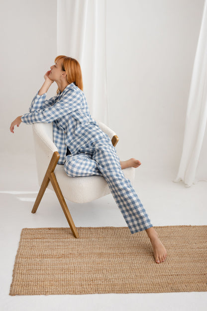 Light Blue Gingham linen pajama set