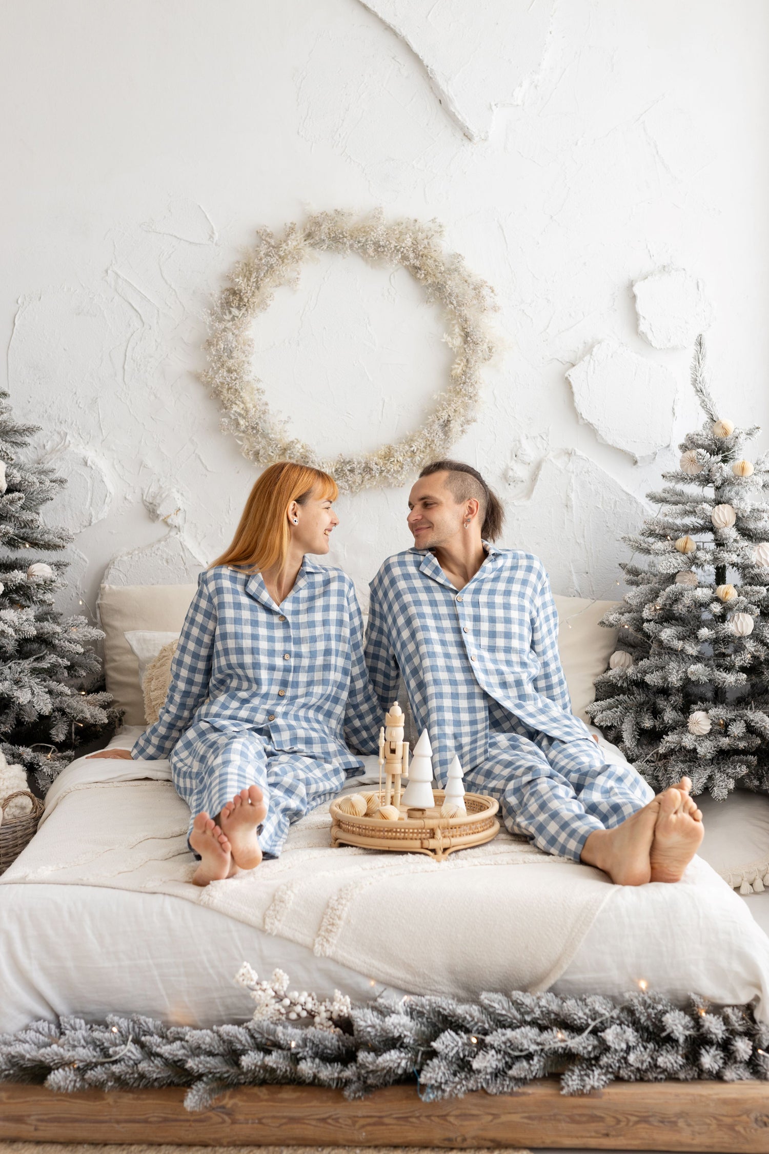 Light Blue Gingham Linen Pajama Set For Couple