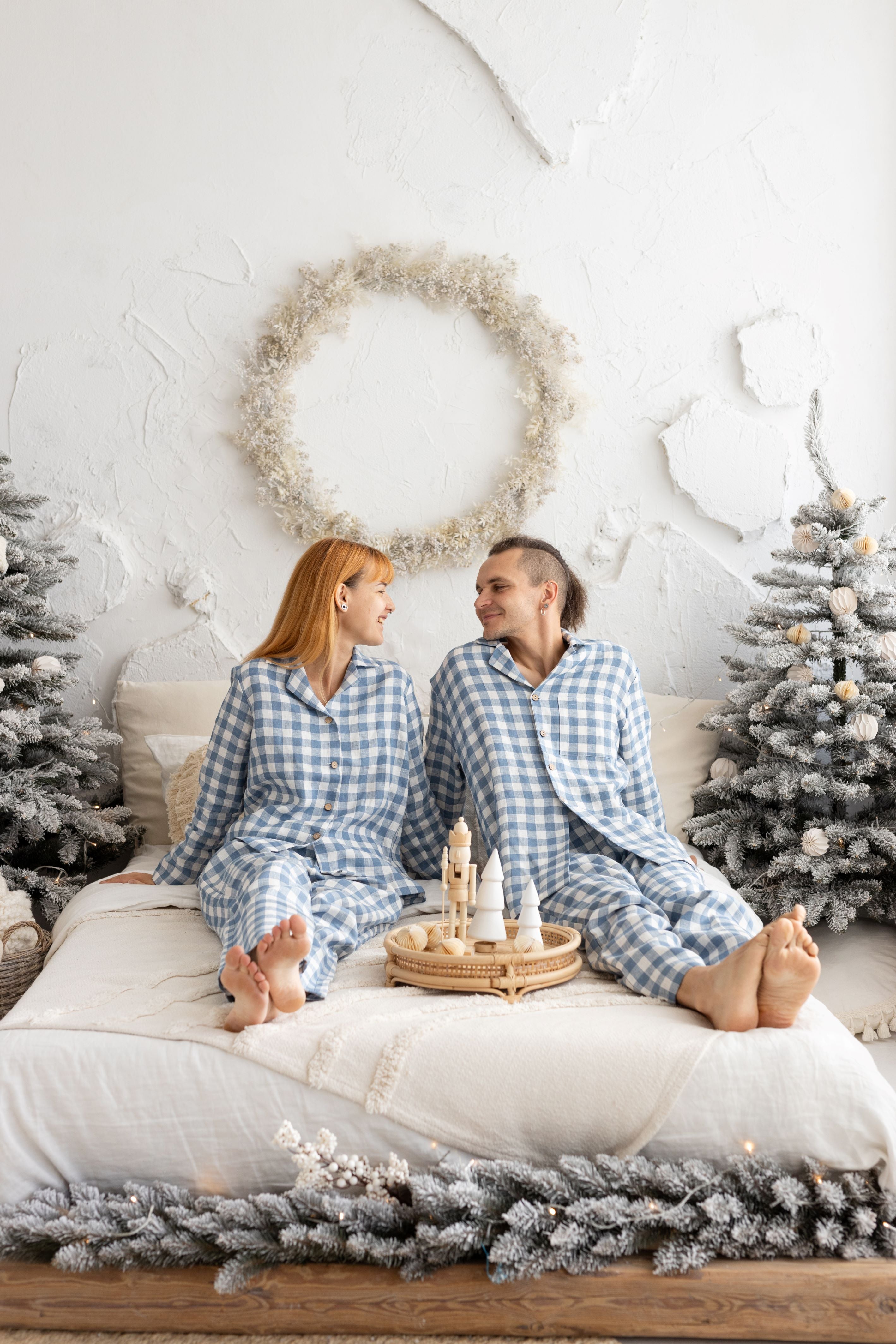 Light Blue Gingham Linen Pajama Set For Couple