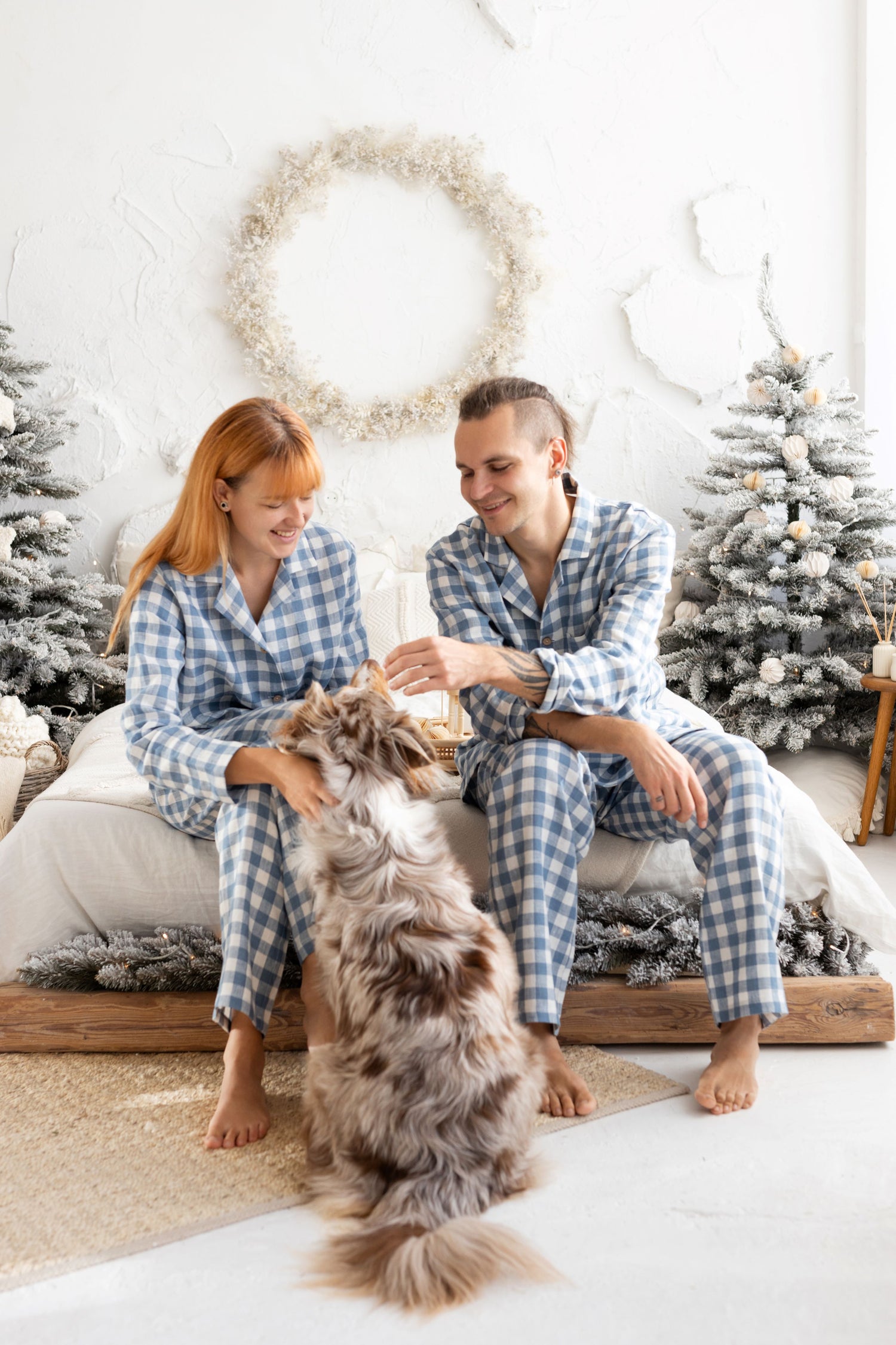 Light Blue Gingham Linen Pajama Set For Couple