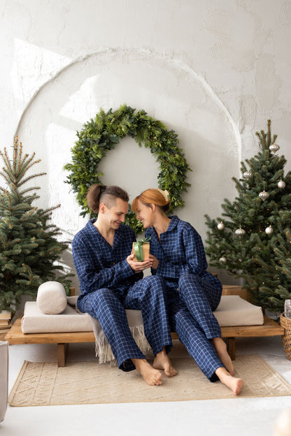 Navy Blue Windowpane Linen Pajama Set For Couple
