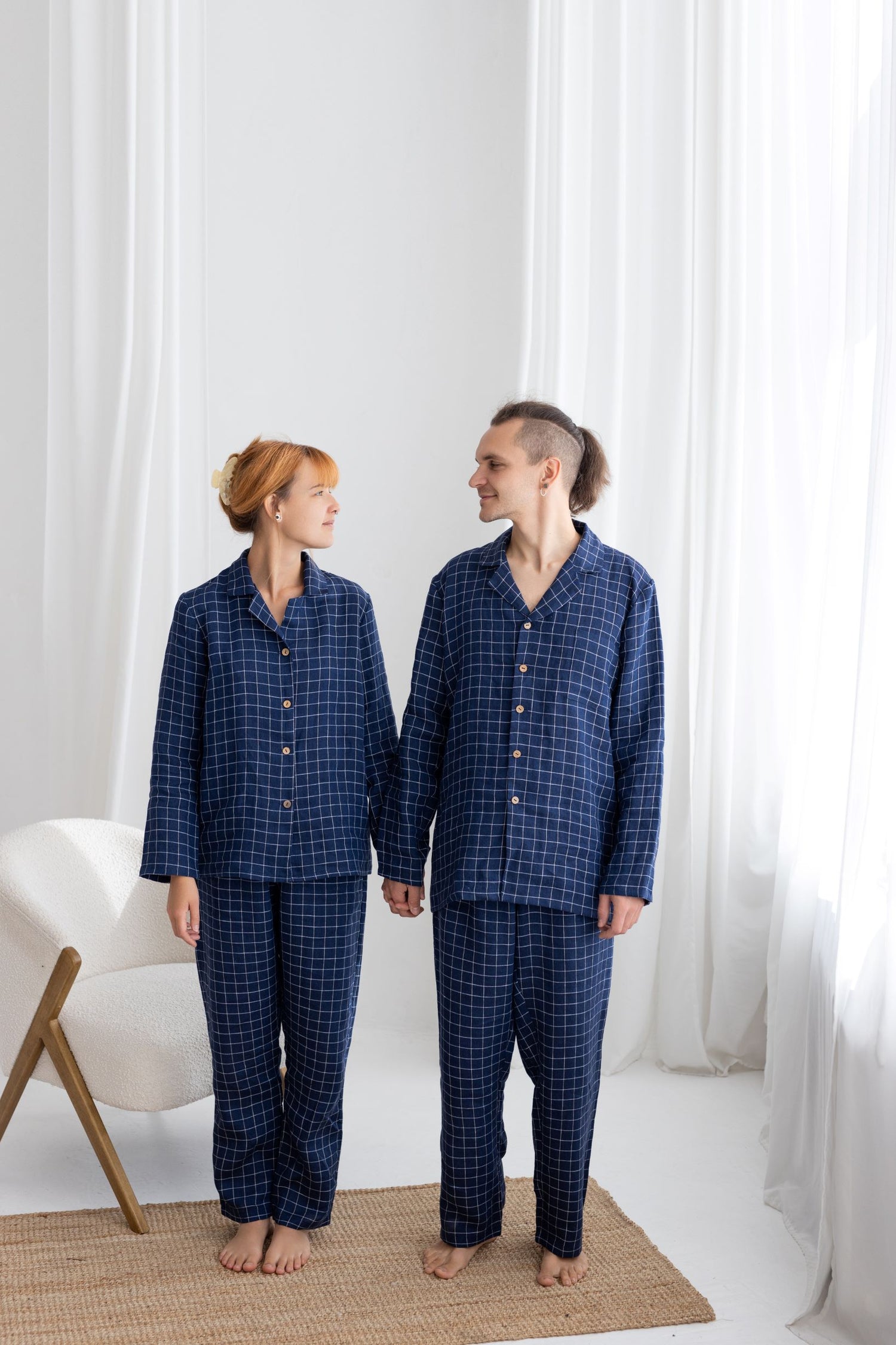 Navy Blue Linen Pajama Set For Men