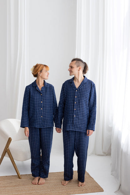 Navy Blue Linen Pajama Set For Men