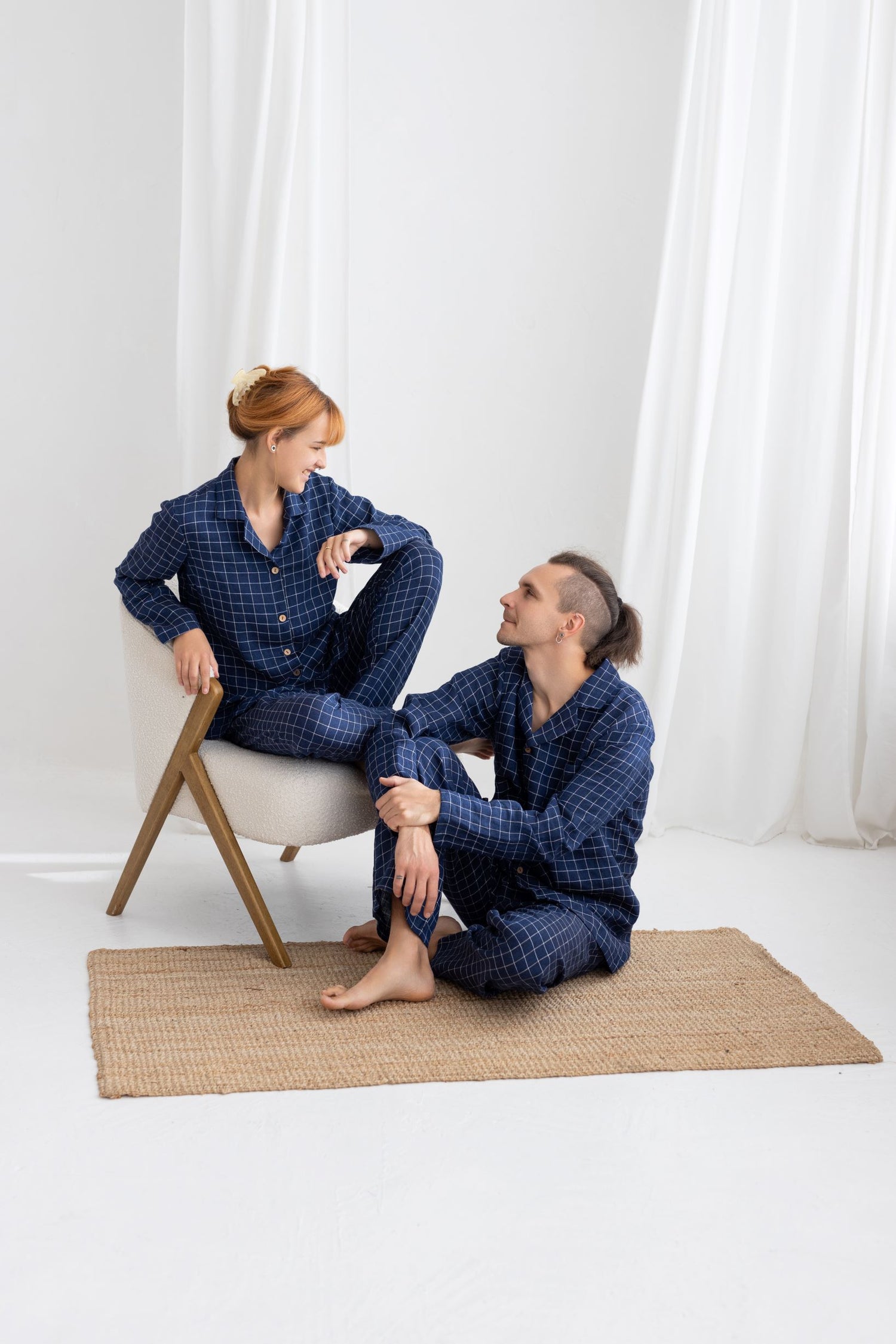 Navy Blue Windowpane Linen Pajama Set For Couple