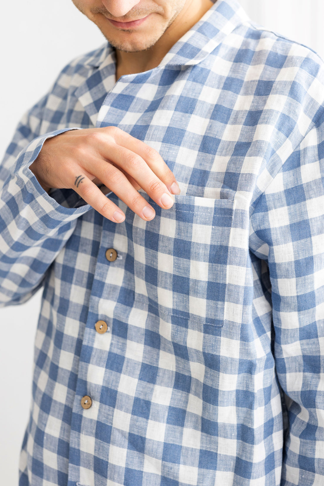 Light Blue Gingham Linen Pajama For Men