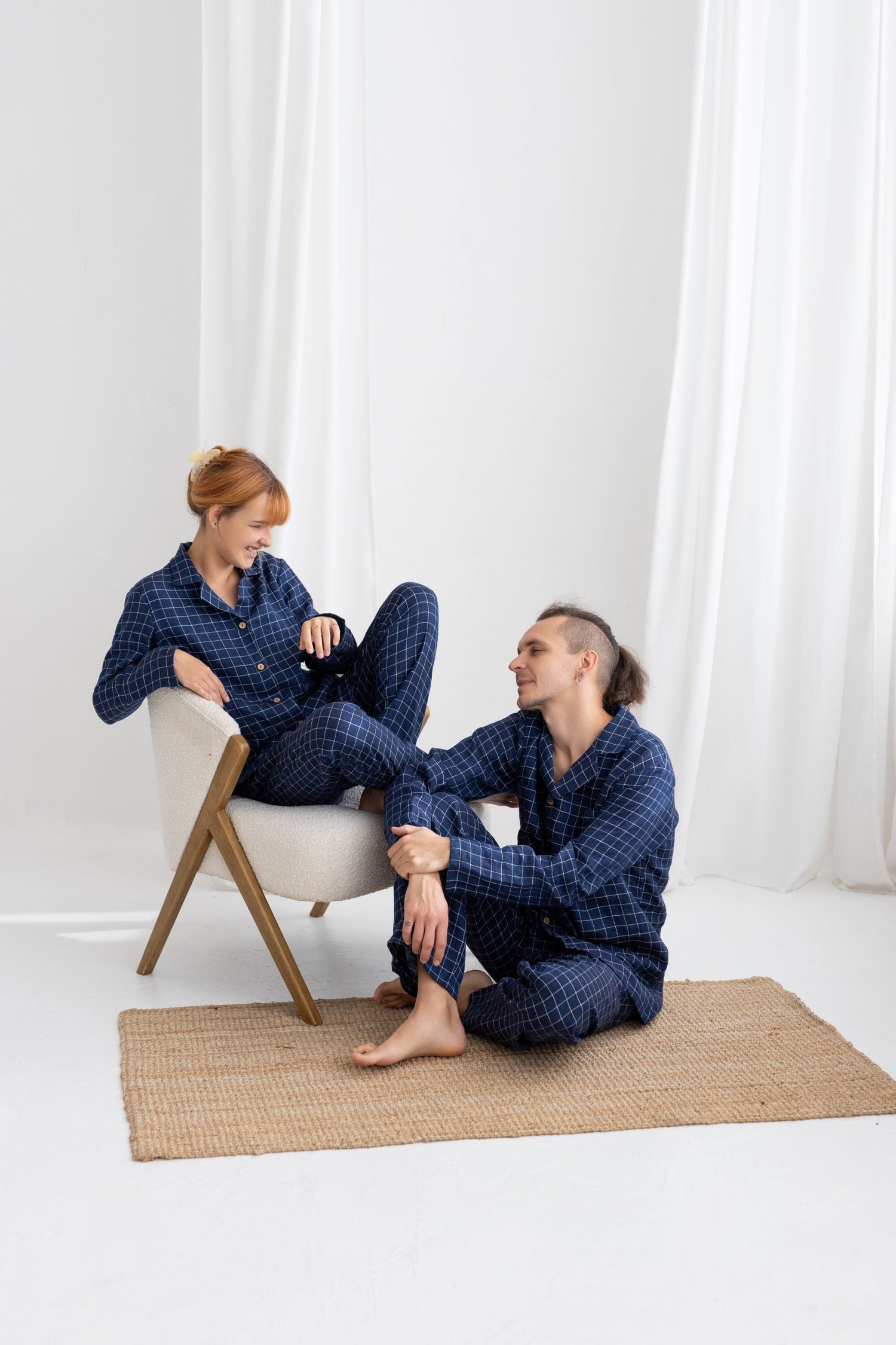 Navy Blue Windowpane Linen Pajama Set For Couple