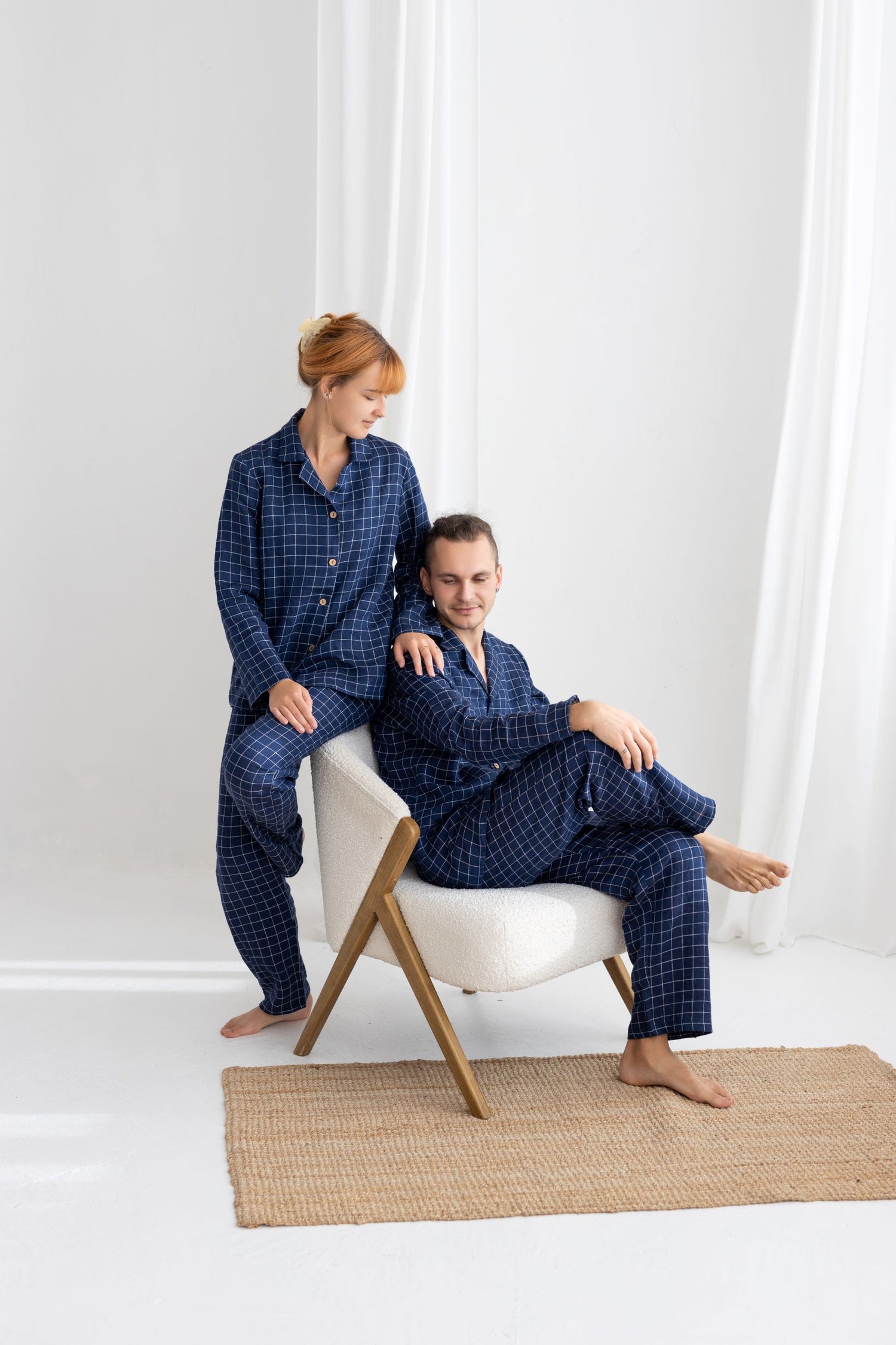 Navy Blue Windowpane Linen Pajama Set For Couple