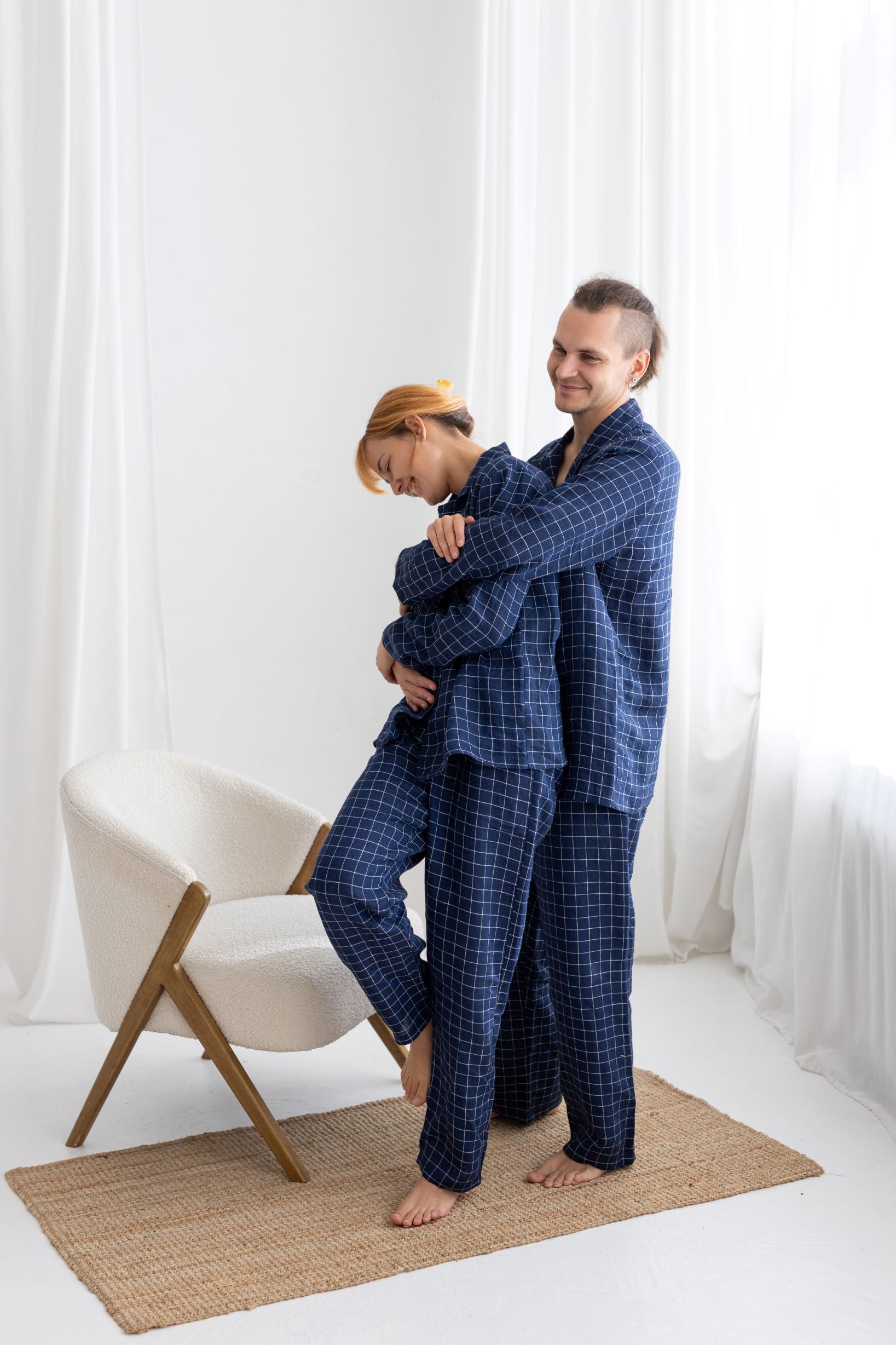 Navy Blue Windowpane linen pajama set