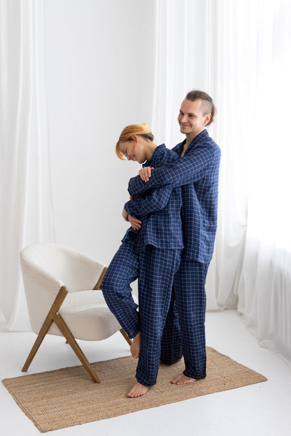 Navy Blue Windowpane linen pajama set