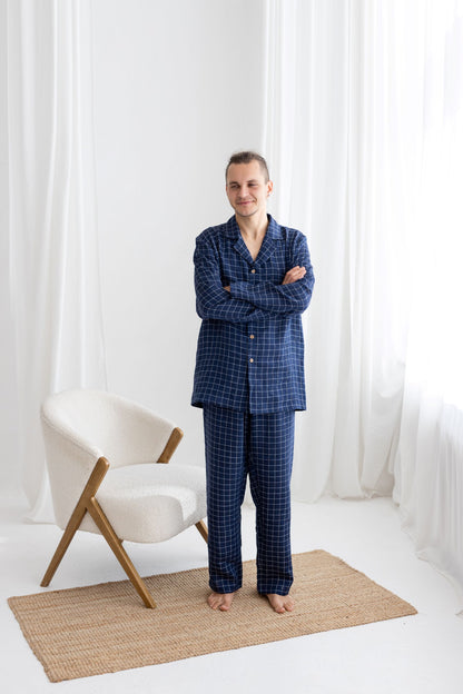 Navy Blue Linen Pajama Set For Men